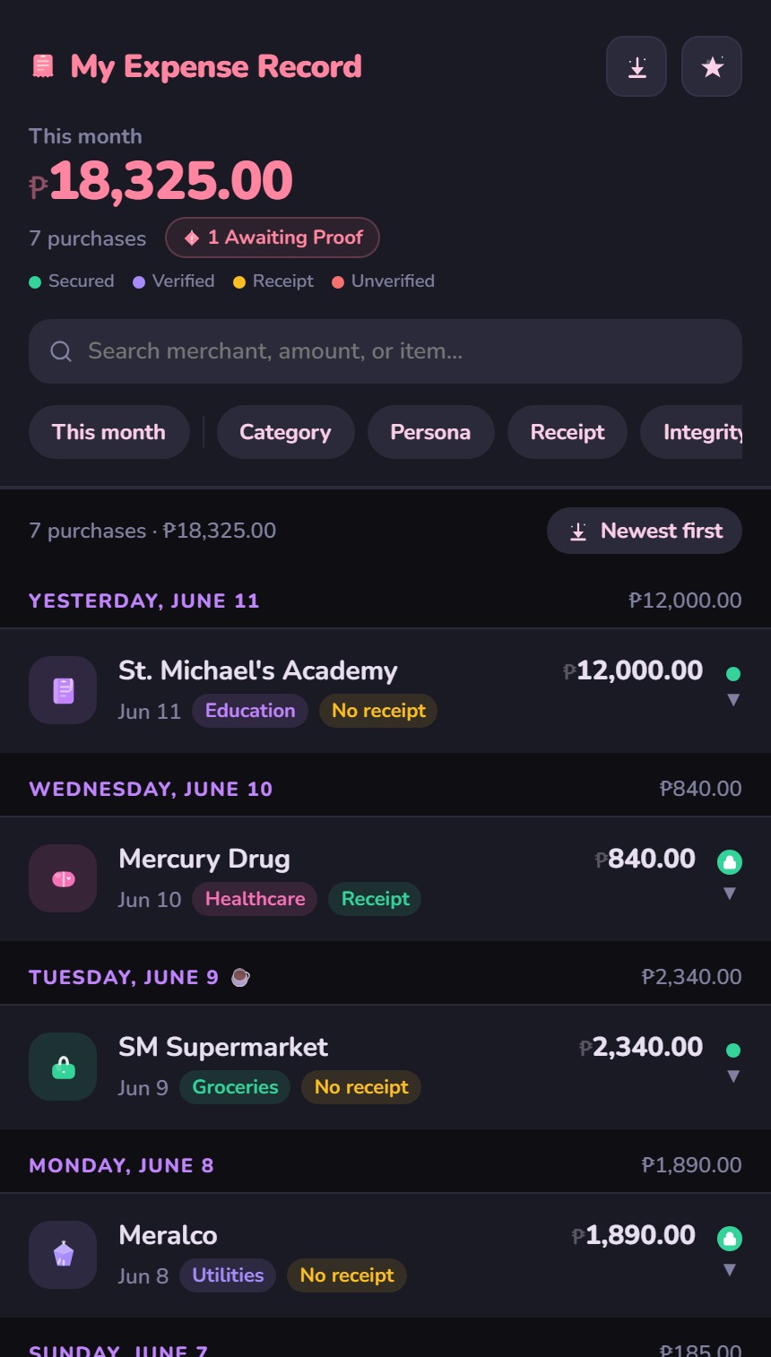 Proof Personal purchase record screen